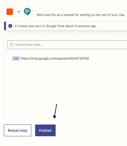 An arrow pointing to the Publish button in the successful Test context